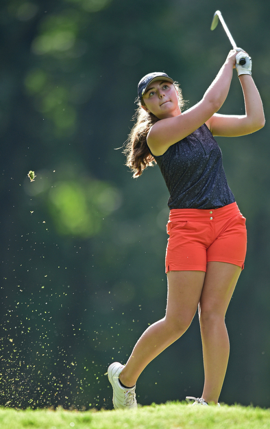 VIENNA, OHIO - JULY 21, 2017: Jenna Vivo tees off on the 13th hole, Friday evening at Squaw Creek Country Club during round one of the 17u Vindicator's Greatest Golfer of the Valley Junior Tournament. DAVID DERMER | THE VINDICATOR