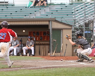 Baird catcher Coleman Stauffer (8) waits for the ball to tag out Park Home second baseman Jake Wike (27) in the second inning as Baird Brothers take on Park Home in round 5 of the 18U NABF World Series, Saturday, July 22, 2017, at Bob Cene Park in Struthers. Park Home won 4-1...(Nikos Frazier | The Vindicator)..