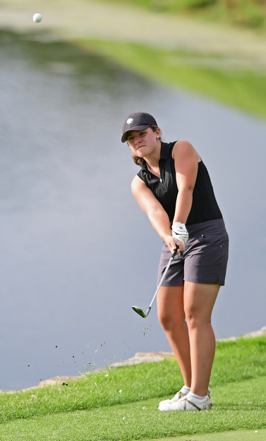 WARREN, OHIO - JULY 22, 2017: Gillian Cerimele chips from the fringe to the green on the 17th hole, Saturday afternoon at the Vindicator's Greatest Golfer of the Valley Jr. Championship at Avalon Lakes. DAVID DERMER | THE VINDICATOR