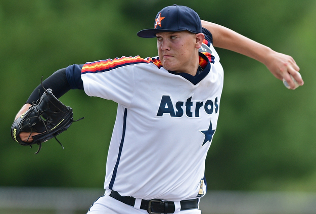STRUTHERS, OHIO - JULY 23, 2017: Astro starting pitcher Joe Rock delivers in the third inning of their game Sunday morning against the Ohio Longhorns. Astro won 12-2. DAVID DERMER | THE VINDICATOR