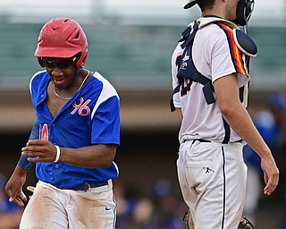 STRUTHERS, OHIO - JULY 23, 2017: 96ers' JoVante Dorris scores a run on a triple by D.J. Lewis in the fifth inning of their game Sunday afternoon at Cene Park. The 96ers won 3-2. DAVID DERMER | THE VINDICATOR