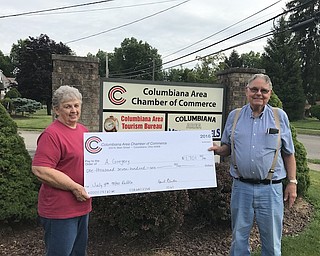 The Columbiana Area Chamber of Commerce recently presented a check for $1,701 to Anne Gregory of Leetonia. Gregory purchased the winning ticket in the 50-50 raffle that took place at the Fourth of July community celebration at Firestone Park. Above from left are Gregory and Jack Guy, CACC board director and Fourth of July community celebration committee chairman.