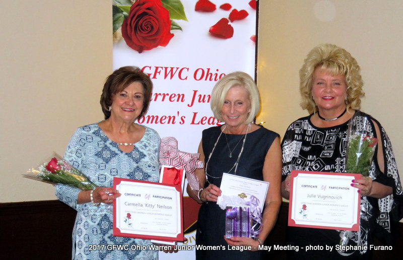 Recognized league members above  from left, are Carmella ‘Kitty’ Neilson, 25 years; Linda McCready, 10 years; and Julie Vugrinovich, 25 years. Below, WFWL members attending the GFWC Ohio Convention, seated from left, were: Pam Vines, Vugrinovich, Esther Gartland and Stephanie Furano. Standing, from left are Sandra Saluga, Edwina Wolcott, Sue Smith, Dorothy Sideropolis and Karen Margala.