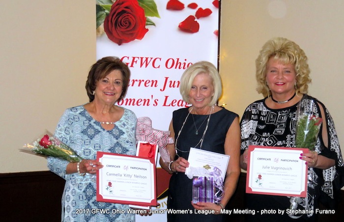 Recognized league members above  from left, are Carmella ‘Kitty’ Neilson, 25 years; Linda McCready, 10 years; and Julie Vugrinovich, 25 years. Below, WFWL members attending the GFWC Ohio Convention, seated from left, were: Pam Vines, Vugrinovich, Esther Gartland and Stephanie Furano. Standing, from left are Sandra Saluga, Edwina Wolcott, Sue Smith, Dorothy Sideropolis and Karen Margala.