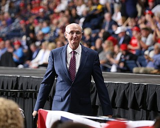 Mahoning County Auditor Ralph Meecham speaks before President Donald J. Trump at the Covelli Centre, Tuesday, July 25, 2017 in Youngstown...(Nikos Frazier | The Vindicator)