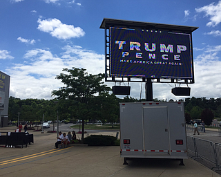 Screen outside Covelli Centre where those who don't get in can watch President Trump's speech.