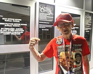 Pat Morgan, of NYC, was outside the Covelli Centre at midnight waiting for Trump Rally.
