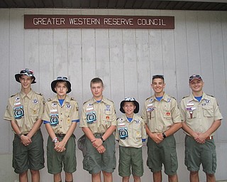 Above, Whispering Pines District of the GWRC of Mahoning County, above, from left are: Derek Linden, Struthers Troop 101, Jamboree Troop (JT) Quartermaster; Kegan Wormley, Struthers Troop 101; John Heino, Canfield Troop 25, JT historian; Christopher Altere, Canfield Troop 25, JT chaplain’s aide; Tanner Tsvetkoff. Canfield Troop 25, JT assistant patrol leader; and Hunter Hykes, Canfield Troop 25, JT third assistant Scoutmaster. Missing from photo is Trevor Hykes, Canfield Troop 25, JT patrol leader. Below, Arrowhead District of the GWRC of Trumbull County, below, from left are: Ray Deluga, McDonald Troop 4083, JT fist assistant Scoutmaster; Jeff Faulk, Warren Troop 4101 JT second assistant Scoutmaster; Jared Miller, McDonald Troop 4083, JT historian; Connor Deluga, McDonald Troop 4083, JT senior patrol leader; Brendan Bockelman, Cortland Troop 4050, JT Quartermaster; Riley Sullivan, Newton Falls Troop 4008, JT assistant senior patrol leader; Miles Wagner, Warren Troop 4101; and Cullen Faulk, Warren Troop 101, JT patrol leader.