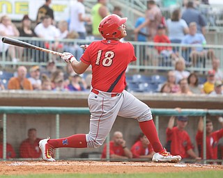 Williamsport Crosscutters right fielder Jhailyn Ortiz (18) looks up at the ball after connecting in the first inning as the Scrappers take on the Williamsport Crosscutters, Friday, July 28, 2017, at Eastwood Field in Niles. ..(Nikos Frazier | The Vindicator)..