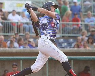 Mahoning Valley Scrappers third baseman Nolan Jones (10) swings in the first inning as the Scrappers take on the Williamsport Crosscutters, Friday, July 28, 2017, at Eastwood Field in Niles. ..(Nikos Frazier | The Vindicator)..