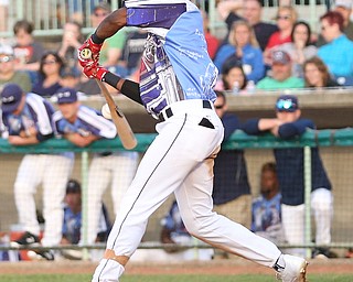 Mahoning Valley Scrappers second baseman Samad Taylor (1) connects in the second inning as the Scrappers take on the Williamsport Crosscutters, Friday, July 28, 2017, at Eastwood Field in Niles. ..(Nikos Frazier | The Vindicator)..