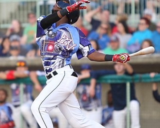 Mahoning Valley Scrappers second baseman Samad Taylor (1) swings in the second inning as the Scrappers take on the Williamsport Crosscutters, Friday, July 28, 2017, at Eastwood Field in Niles. ..(Nikos Frazier | The Vindicator)..