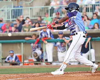 Mahoning Valley Scrappers second baseman Samad Taylor (1) swings in the second inning as the Scrappers take on the Williamsport Crosscutters, Friday, July 28, 2017, at Eastwood Field in Niles. ..(Nikos Frazier | The Vindicator)..