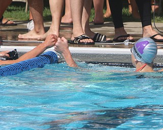 Brendan Leecue of "The OC" and Joseph Donofrio of "The Wood" swim clubs encourage each other after finishing the boys 13-14 year old 50 meter freestyle during the Youngstown Swim League championships at the Poland Swim club in Poland on Saturday morning.  Dustin Livesay  |  The Vindicator  7/29/17  Poland.
