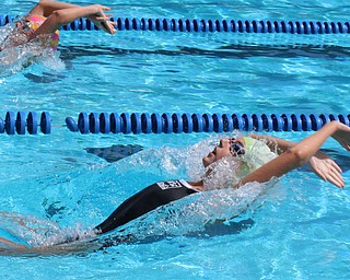 Sam Murray of the Boardman Tennis and Swim Club kicks out of the blocks to start the girls age 11-12,  50 meter backstroke during the Youngstown Swim League championships at the Poland Swim club in Poland on Saturday morning.  Dustin Livesay  |  The Vindicator  7/29/17  Poland.