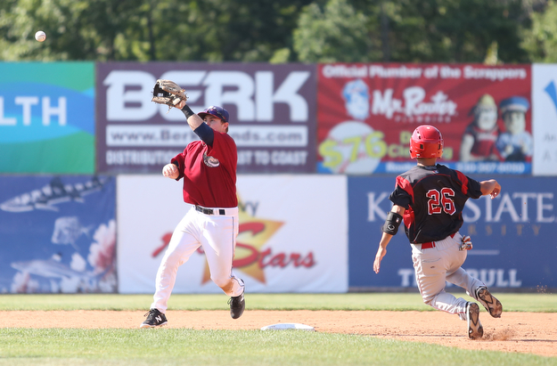 Mahoning Valley Scrappers second baseman Dillon Persinger (50) catches the ball to out Batavia Muckdogs second baseman Shao-Pin Ho (26) in the third inning as the Scrappers take on the Batavia Muckdogs, Sunday, July 30, 2017, at Eastwood Field in Niles. TEAM won 00-00...(Nikos Frazier | The Vindicator)..