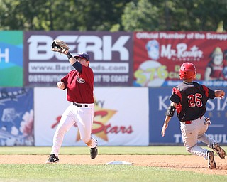 Mahoning Valley Scrappers second baseman Dillon Persinger (50) catches the ball to out Batavia Muckdogs second baseman Shao-Pin Ho (26) in the third inning as the Scrappers take on the Batavia Muckdogs, Sunday, July 30, 2017, at Eastwood Field in Niles. TEAM won 00-00...(Nikos Frazier | The Vindicator)..