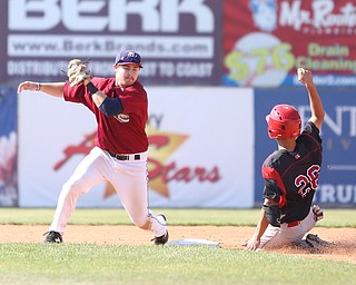 Mahoning Valley Scrappers second baseman Dillon Persinger (50) catches the ball to out Batavia Muckdogs second baseman Shao-Pin Ho (26) in the third inning as the Scrappers take on the Batavia Muckdogs, Sunday, July 30, 2017, at Eastwood Field in Niles. TEAM won 00-00...(Nikos Frazier | The Vindicator)..