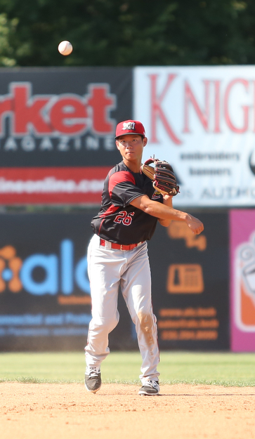 Batavia Muckdogs second baseman Shao-Pin Ho (26) throws to first in the third inning as the Scrappers take on the Batavia Muckdogs, Sunday, July 30, 2017, at Eastwood Field in Niles. TEAM won 00-00...(Nikos Frazier | The Vindicator)..