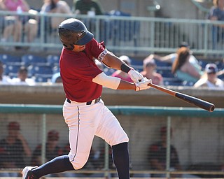 Mahoning Valley Scrappers first baseman Ulysses Cantu (8) connects in the third inning as the Scrappers take on the Batavia Muckdogs, Sunday, July 30, 2017, at Eastwood Field in Niles. TEAM won 00-00...(Nikos Frazier | The Vindicator)..