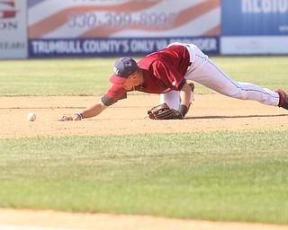 Mahoning Valley Scrappers third baseman Nolan Jones (10) misses the ground ball and tries to recover in the fourth inning as the Scrappers take on the Batavia Muckdogs, Sunday, July 30, 2017, at Eastwood Field in Niles. TEAM won 00-00...(Nikos Frazier | The Vindicator)..