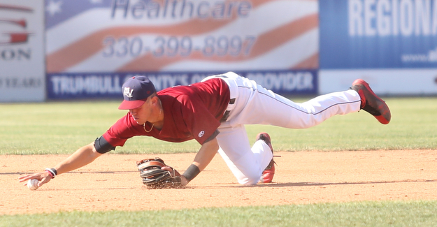 Mahoning Valley Scrappers third baseman Nolan Jones (10) misses the ground ball and tries to recover in the fourth inning as the Scrappers take on the Batavia Muckdogs, Sunday, July 30, 2017, at Eastwood Field in Niles. TEAM won 00-00...(Nikos Frazier | The Vindicator)..