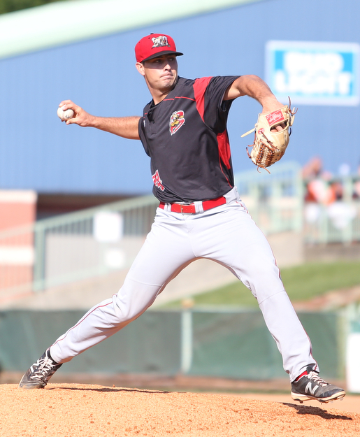 Batavia Muckdogs pitcher Sam Perez (44) throws in the fourth inning as the Scrappers take on the Batavia Muckdogs, Sunday, July 30, 2017, at Eastwood Field in Niles. TEAM won 00-00...(Nikos Frazier | The Vindicator)..