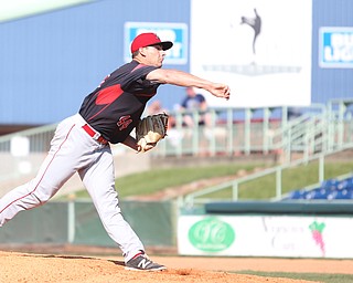 Batavia Muckdogs pitcher Sam Perez (44) throws in the fourth inning as the Scrappers take on the Batavia Muckdogs, Sunday, July 30, 2017, at Eastwood Field in Niles. TEAM won 00-00...(Nikos Frazier | The Vindicator)..