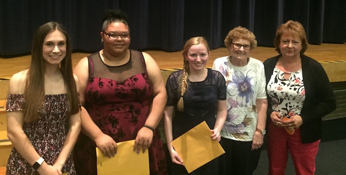 The Austintown Junior Women’s League of the General Federation of Women’s Clubs Ohio recognized three Austintown Fitch High School graduates who received $1,000 scholarships from the AJWL. Tiffany Aliberti, Catera Clark and Haley Kovach each submitted winning essays expressing the importance of the Austintown community in their lives. The students were selected for their dedication to the local community, school participation, grades and their overall positive attitudes. Above, from left, are Aliberti, Clark and Kovach along with Shirley Schmidt and Sue Hovanec, scholarship committee members.