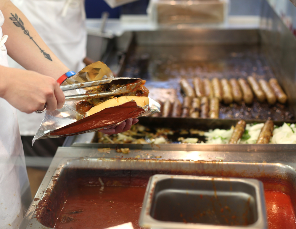 A DiRusso's Italian Sausage during the Greater Youngstown Italian Festival, Friday, August 4, 2017 in Downtown Youngstown...(Nikos Frazier | The Vindicator)