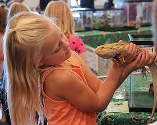 Makenna Saville (6) of Poland holds a bearded dragon during the Reptile and Amphibian show at the Mill Creek Farm in Canfield on Sunday afternoon. Dustin Livesay | The Vindicator 8/6/17 Canfield