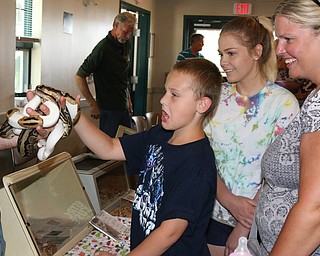 L-R) Dylan Washington (8) is unsure about petting a snake while his sister Jocelyn (14) and mother Charity Washington all of Hubbard laugh during the Reptile and Amphibian show at the Mill Creek Farm in Canfield on Sunday afternoon. Dustin Livesay | The Vindicator 8/6/17 Canfield