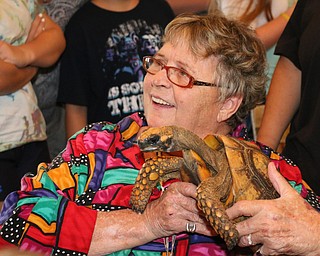 Barbara Lukas of Struthers holds a turtle during the Reptile and Amphibian show at the Mill Creek Farm in Canfield on Sunday afternoon.   Dustin Livesay  |  The Vindicator  8/6/17  Canfield