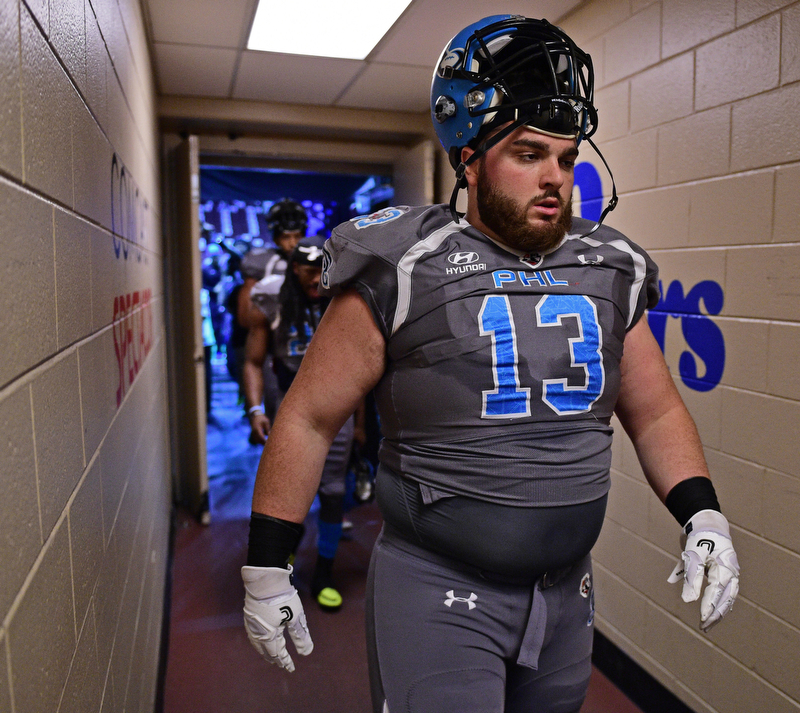 Philadelphia Soul defensive linemen Zach Zidian walks to the locker room before a game against the Tampa Bay Storm on June 17, 2017 at the Wells Fargo Center in Philadelphia, Pennsylvania. DAVID DERMER | THE VINDICATOR