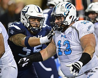 Philadelphia Soul defensive linemen Zach Zidian rushes the passer while being locked by Baltimore Brigade offensive linemen Kody Afusia on July 29, 2017 at Royal Farms Arena in Baltimore, Maryland. DAVID DERMER | THE VINDICATOR