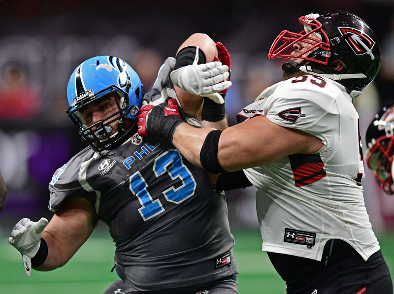 Philadelphia Soul defensive linemen Zach Zidian rushes the passer while being blocked by Cleveland Gladiators offensive linemen Adam Bice during their game on June 10, 2017 at the Wells Fargo Center in Philadelphia, Pennsylvania. DAVID DERMER | THE VINDICATOR