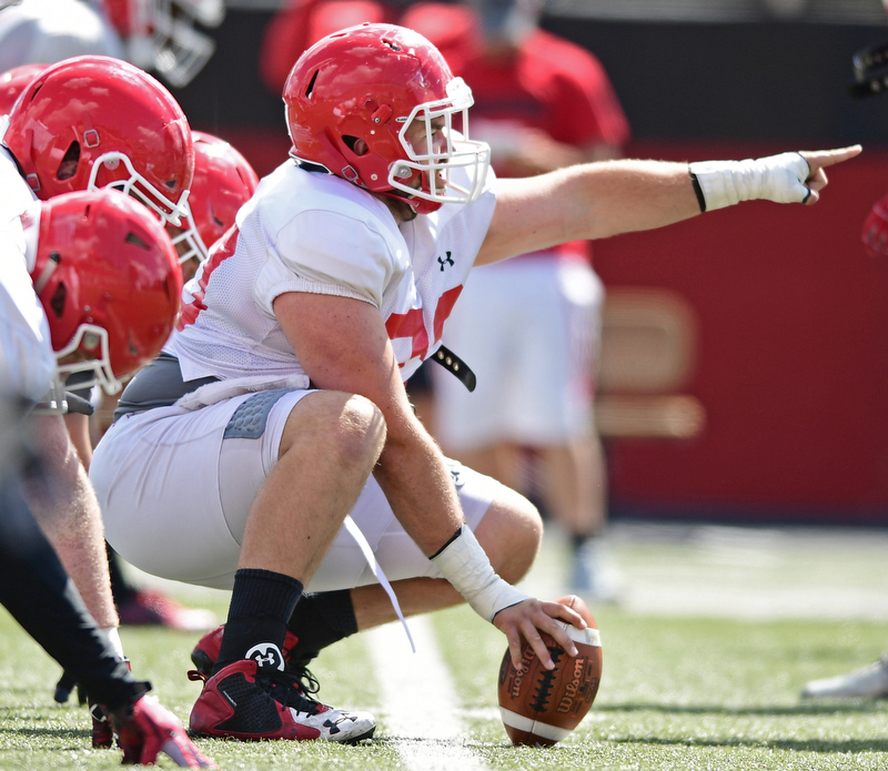 YOUNGSTOWN, OHIO - AUGUST 8, 2017: Youngstown State's Vitas Hrynkiewicz calls out the defense before the snap of the football during the teams practice Tuesday morning at Stambaugh Stadium. DAVID DERMER | THE VINDICATOR