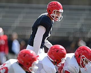 YOUNGSTOWN, OHIO - AUGUST 8, 2017: Youngstown State's Hunter Wells calls an audible at the line of scrimmage before the snap of the football during the teams practice Tuesday morning at Stambaugh Stadium. DAVID DERMER | THE VINDICATOR