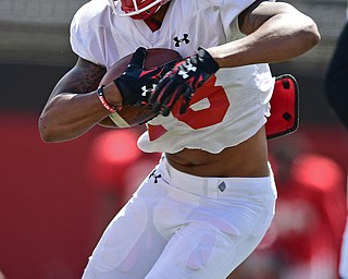 YOUNGSTOWN, OHIO - AUGUST 8, 2017: Youngstown State's London Pearson runs the football during the teams practice Tuesday morning at Stambaugh Stadium. DAVID DERMER | THE VINDICATOR