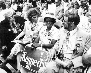 New York Aug 11, 1980 Ohio delegates sit of the floor of MAdison Square Garden for the opening session of the 1980 DNC from left: Frank Lombardo, Austintown, Joyce Kale, Youngstown, Anna Biggins, McDonald and Marvin Weinstock, Youngstown
