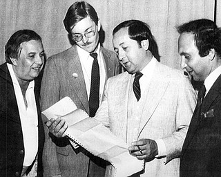 New york Aug 10, 1980  Meeting on eve of 1980 DNC in New York are from left; John Vitullo, Rich Hutchenson, J. Walter Dragelevich, Trumbull County Prosecutor and Ed Flask.