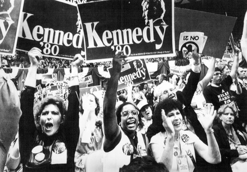 New York, August 12, 1980 Voicing support for Kennedy during 1980 DNC in New York are from left: Joyce Kale, Anna Biggins, Florence Vitullo and Frank Lombardo.