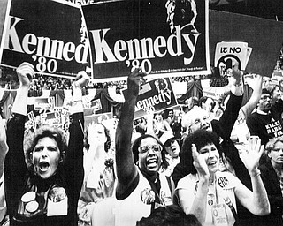 New York, August 12, 1980 Voicing support for Kennedy during 1980 DNC in New York are from left: Joyce Kale, Anna Biggins, Florence Vitullo and Frank Lombardo.