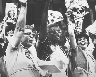 New York Aug 11, 1980 Unidentified women delegates to the DNC wave posters showing suppport for the Carter Mondale ticket during open session of DNC in New York.