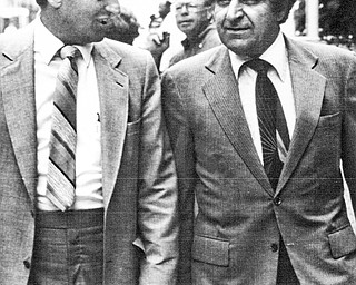 New York Aug 13, 1980  Youngstown Mayor George Vukovich, left and Ohio State Sen Harry Meschel walk New York City sidewalks while attending 1980 DNC.