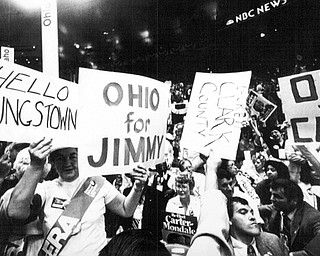 New York Aug 11, 1980  Members of the Ohio delegation wave signs during the vote count on rules debate for an open convention at DNC in New York.