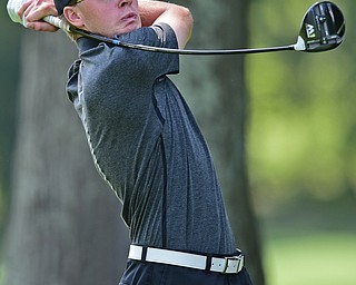 POLAND, OHIO - AUGUST 14, 2017: Zach Jacobson tees off not he 16th hole Monday afternoon during the 2017 Greatest Golfer of the Valley scramble at the Lake Club. DAVID DERMER | THE VINDICATOR