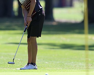 8-16-17 GOLF Boys  Boardman Spartans vs Howland Tigers at Tamer Wind Course, Cortland, OH..Boardman's Bobby Jondn watches his putt on the 17th