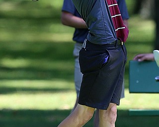 8-16-17 GOLF Boys  Boardman Spartans vs Howland Tigers at Tamer Wind Course, Cortland, OH..Boardman's Bobby Jondn reacts to his tee shot on the 18th.