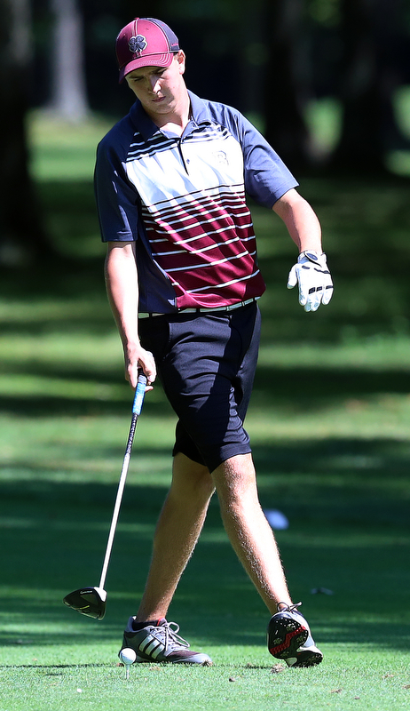 8-16-17 GOLF Boys  Boardman Spartans vs Howland Tigers at Tamer Wind Course, Cortland, OH..Boardman's Bryan Kordupel approach his tee shot on the 18th.